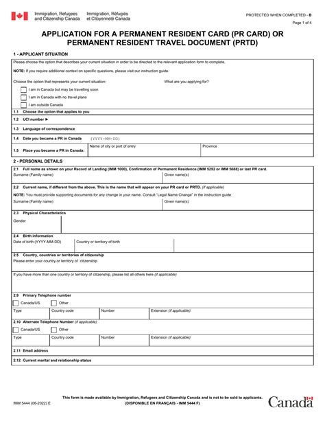 Application for a Permanent Resident Card (PR card) or .